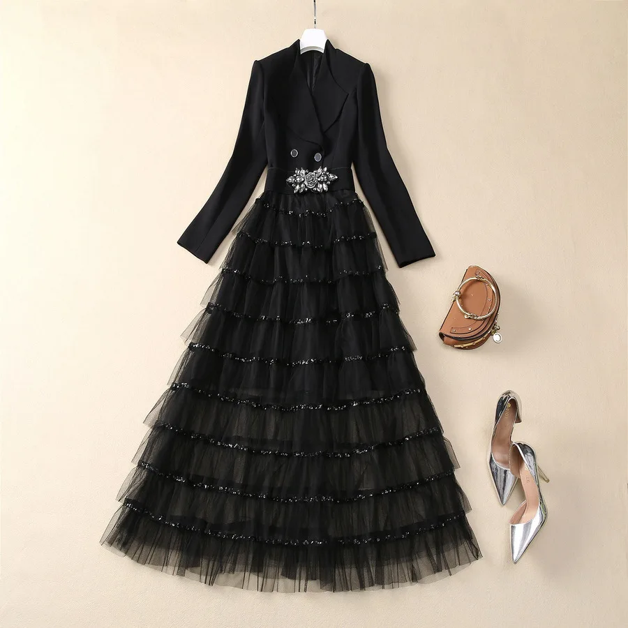 

Europe and the United States women's 2024 winter new Long sleeve patchwork mesh sequins Nailed diamond rose belt Fashion dress