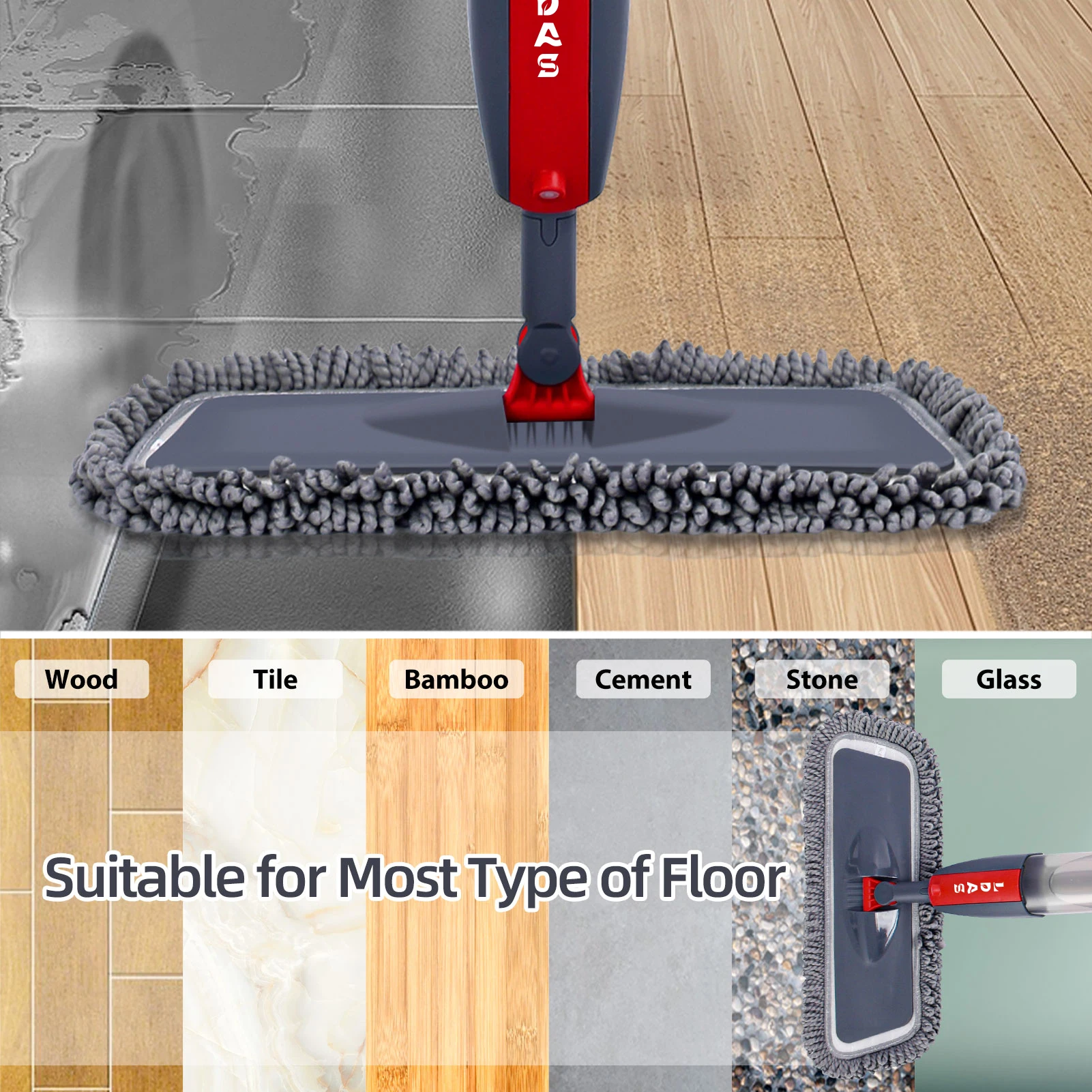 DARIS Spray Mop, 360ml Bottle, 4 Microfiber Mop Pads, Scraper, Mop Clip, Wet and Dry Use, Flat Floor Cleaning Mop