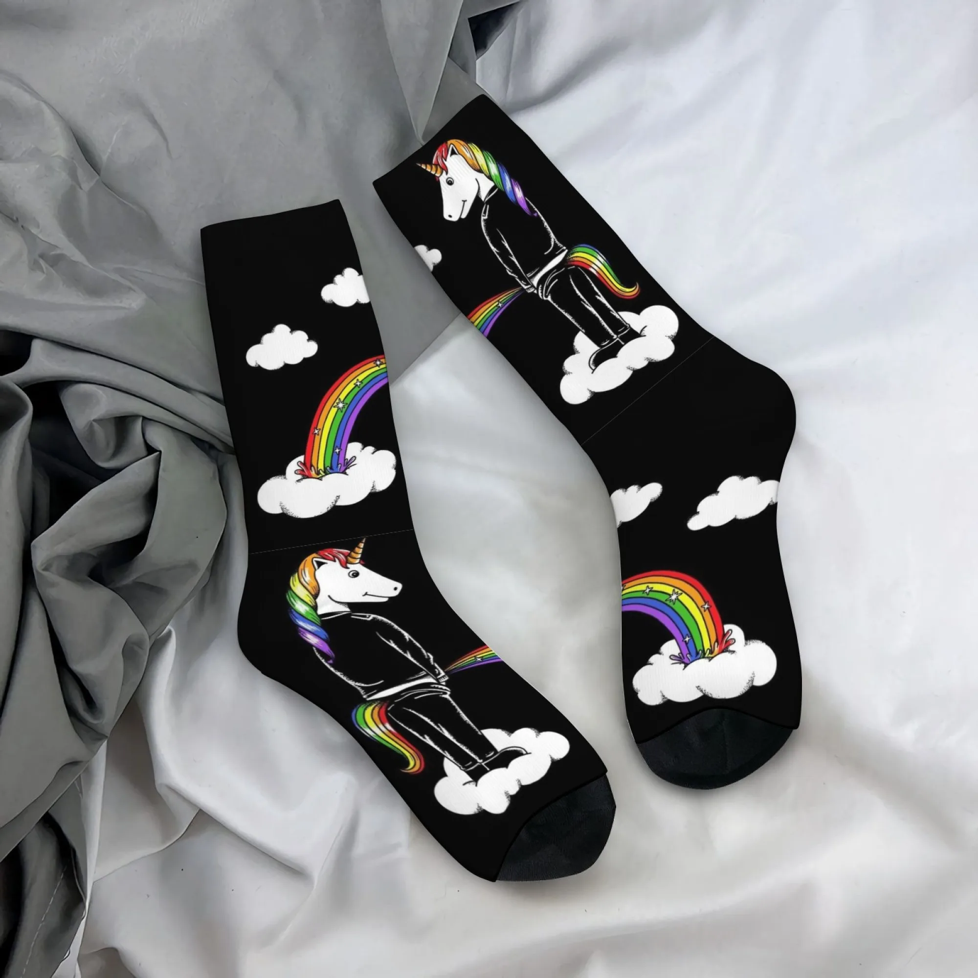 

Happy Cartoon Rainbow Unicorn Men's Socks Novelty Funny Compression Socks Harajuku Style Street Fashion Casual Hip-Hop Socks