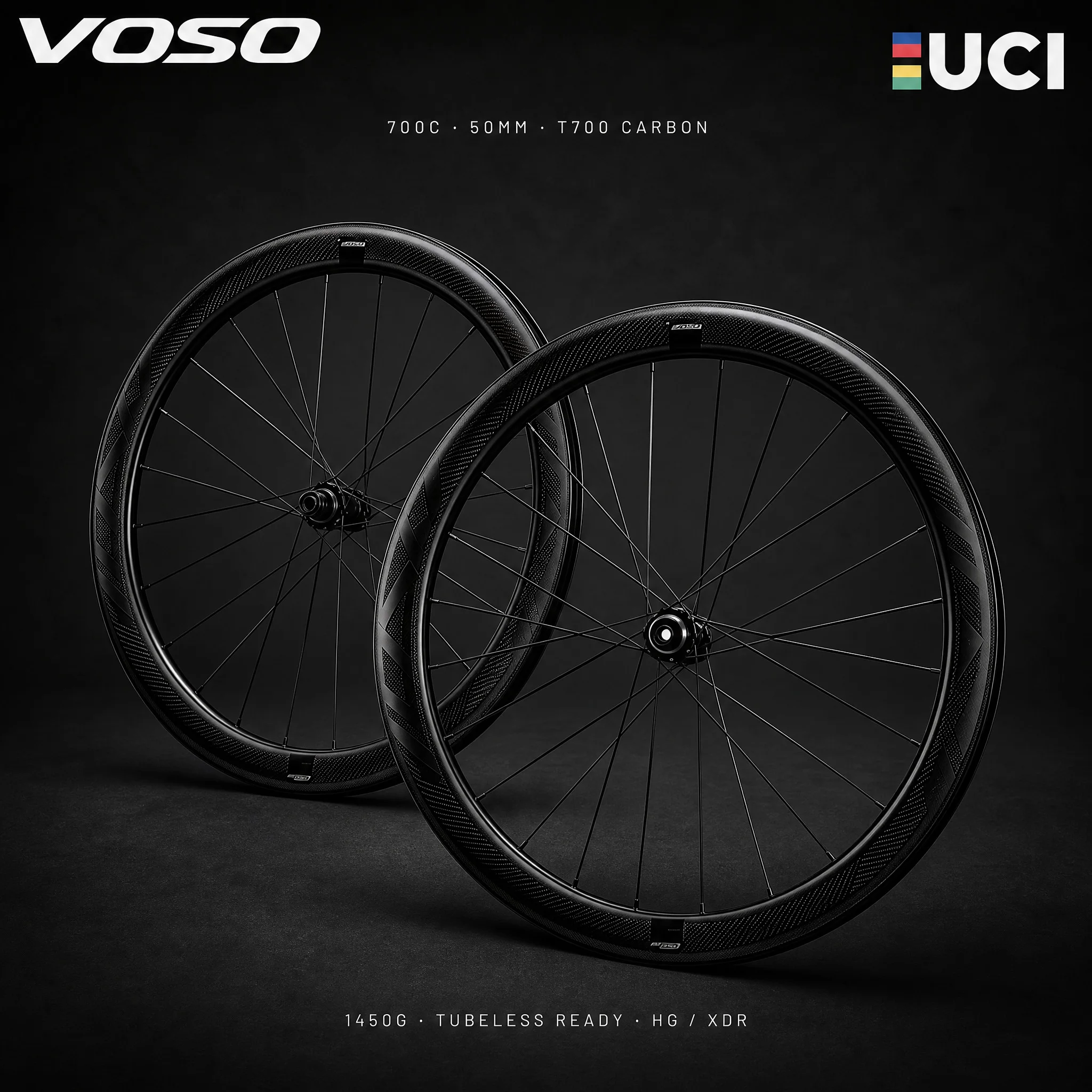VOSO 700C 50mm T700 Carbon Rennrad-Laufradsatz 1450g Scheibenbremse Tubeless Ready HG XDR UCI-Zugelassen Pro Racing Fahrrad-Laufradsatz