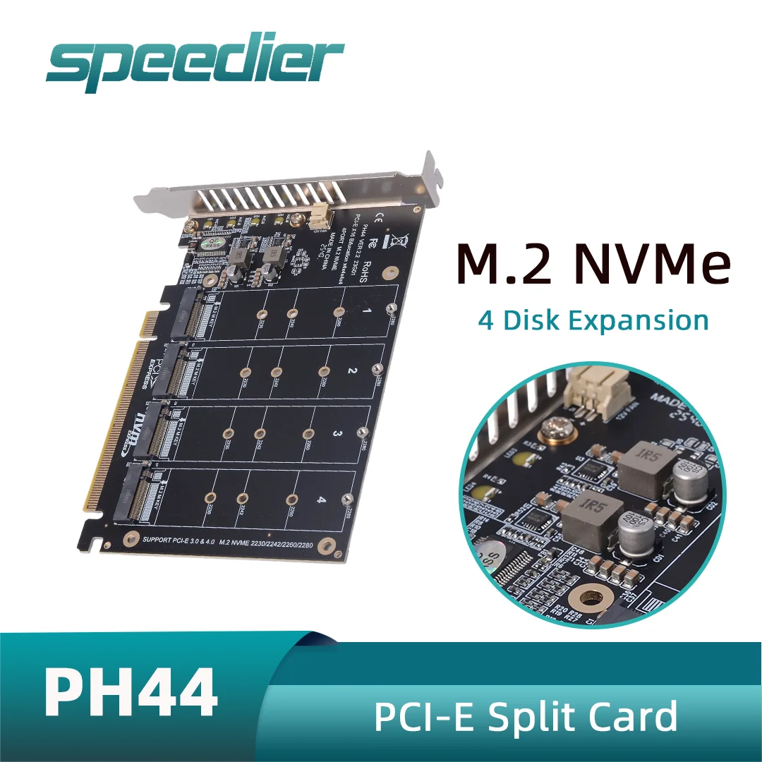 4-Drive / 4 Port /4 Bay NVME RAID PCIE X16 Splitter Card Adapter PH44 PCIe 3.0/4.0 Array for M.2 SSD/PCI-E Device 4x 64Gbps