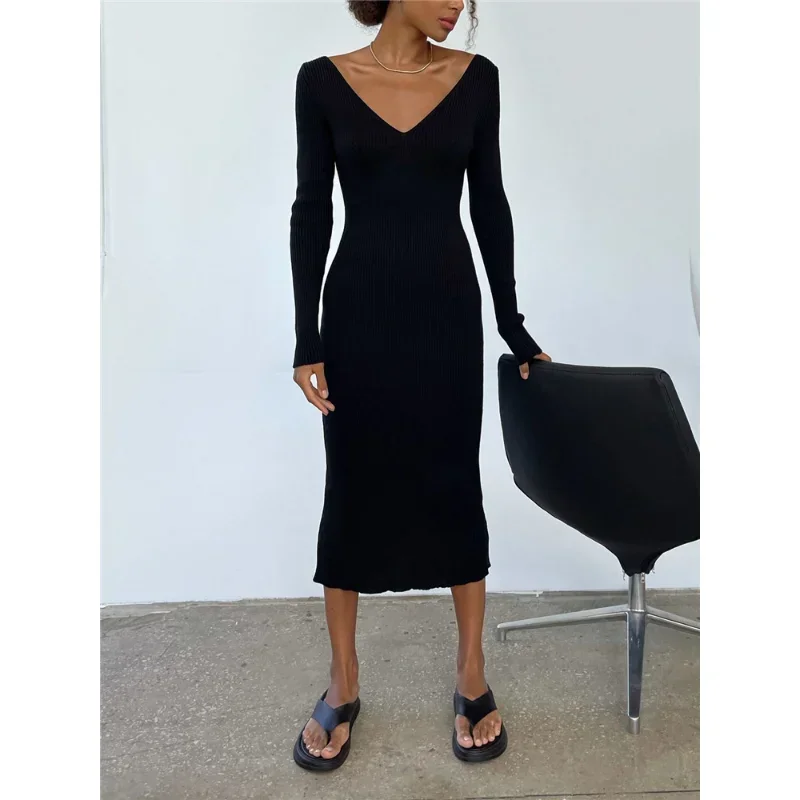 Herfst Winter Gebreide Rib Wrap Midi Kokerjurk Voor Vrouwen Casual Eenvoudige Stijl Lange Mouw V-hals Backless Bodycon Jurk Koreaanse Stijl