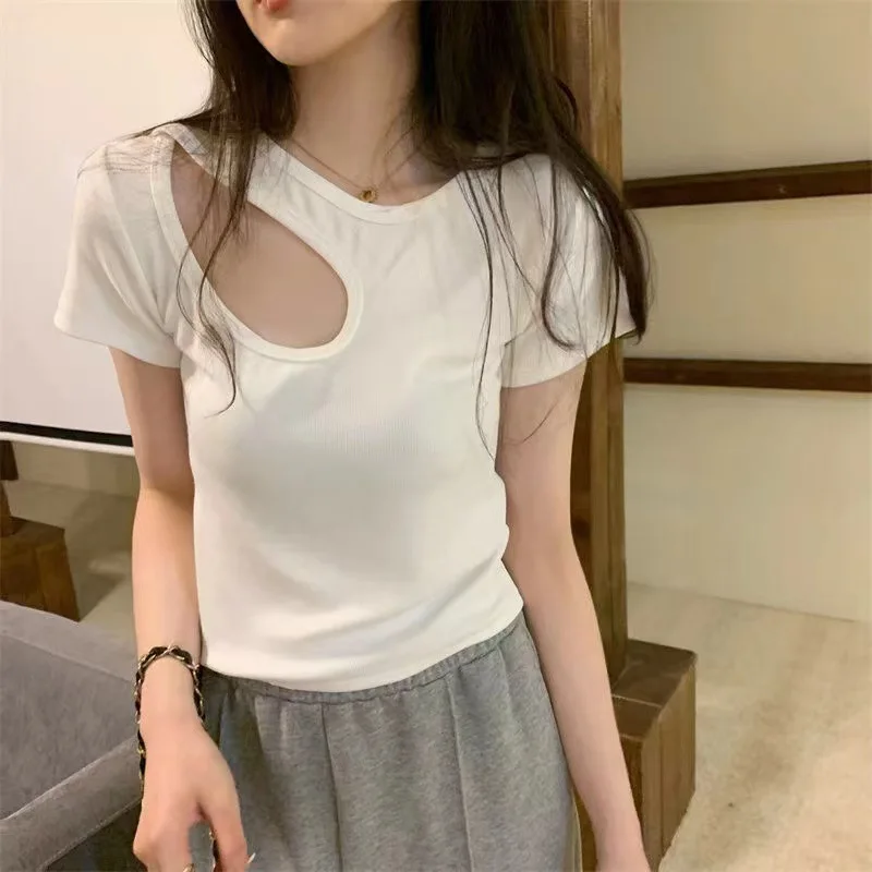Neue Sommer Aushöhlen Sexy T-shirt Frauen Vintage Y2K Crop Tops Frau Dünne Koreanische Mode T Shirt Femme Loch Kleidung Kpop 90S