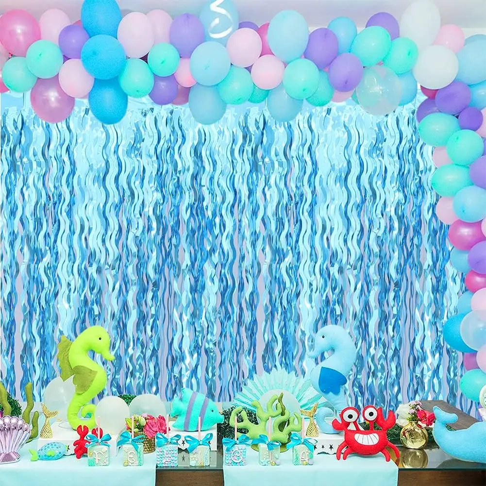 1x2m Hellblauer Wellenförmiger Lametta-Folien-Fransenvorhang, Fotorequisiten für Meerjungfrauen-Geburtstag, Unterwasser-Party-Dekorationen – Detail 4