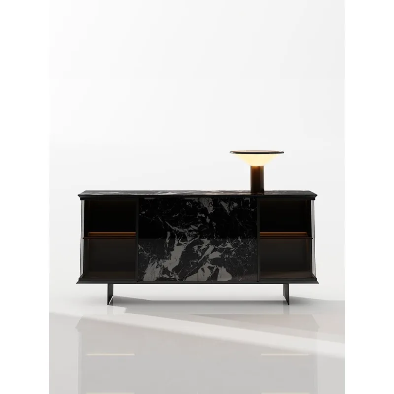 Italian minimalist entrance cabinet, modern minimalist rock slab dining side cabinet, villa luxury light glass display locker