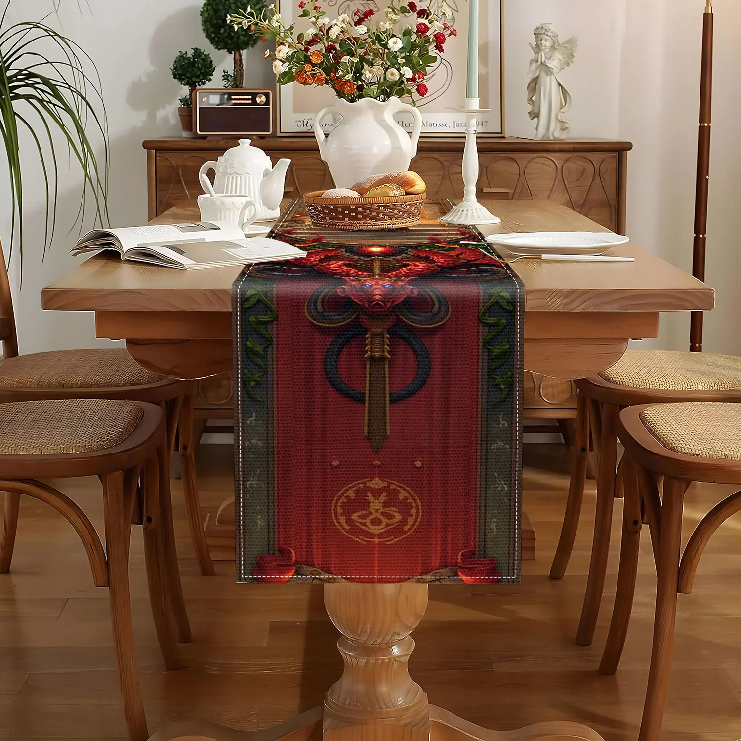1 Piece of Dragon and Knight Themed Table Runner, Decorated with Red Dragons, Knights, and Castle Elements, Suitable for Fantasy-Style Decoration and Board Game Themed Spaces