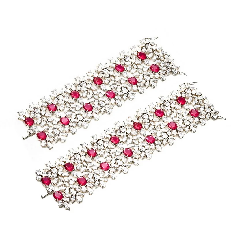 Designer Collection Style Wide Bracelet Women Lady Inlay Cubic Zircon Synthetic Red Corundum Dinner Party Bangle