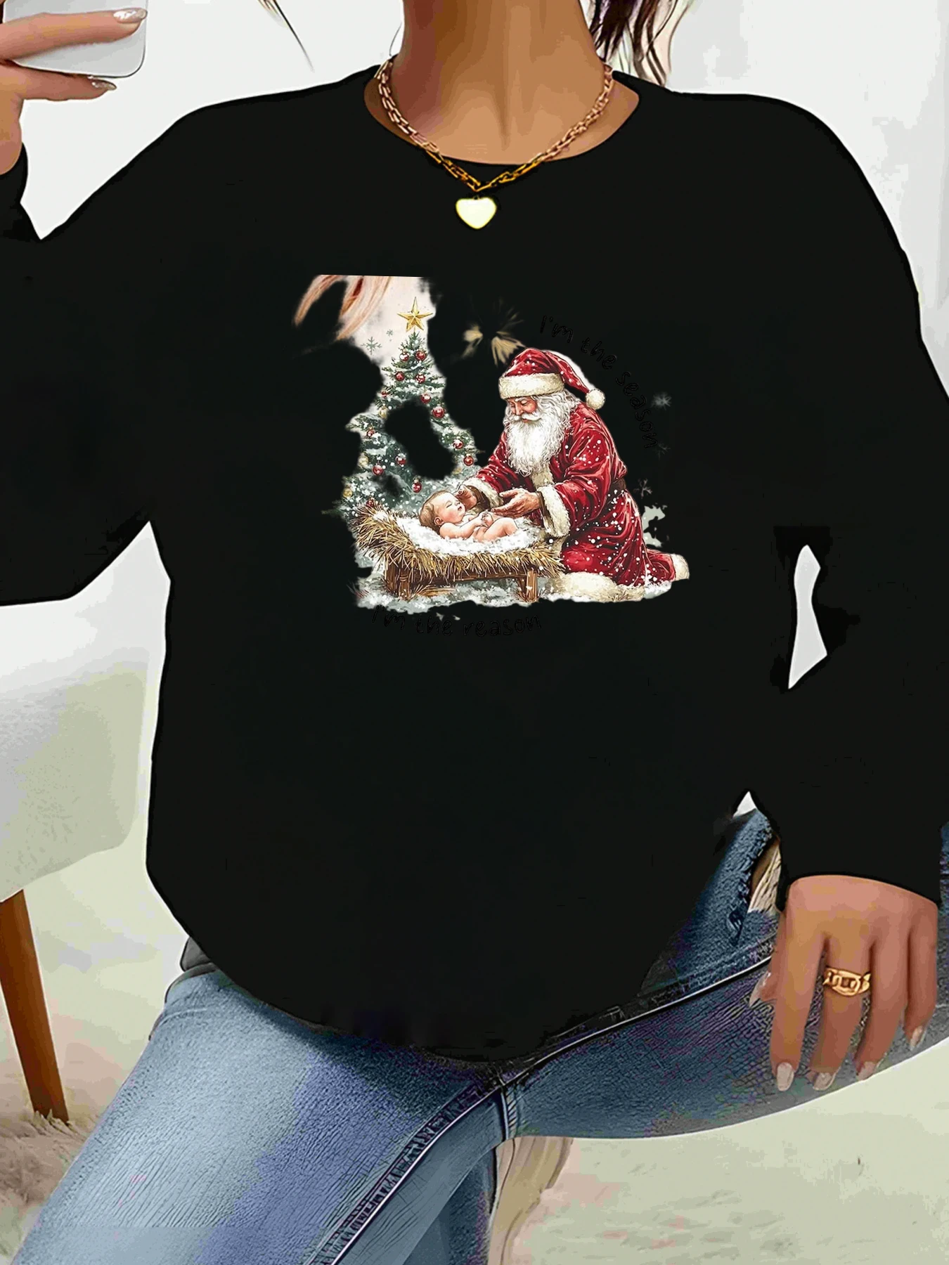

Санта с Бэби Иисусом Рождественский топ с длинными рукавами и принтом Праздничная одежда для женщин