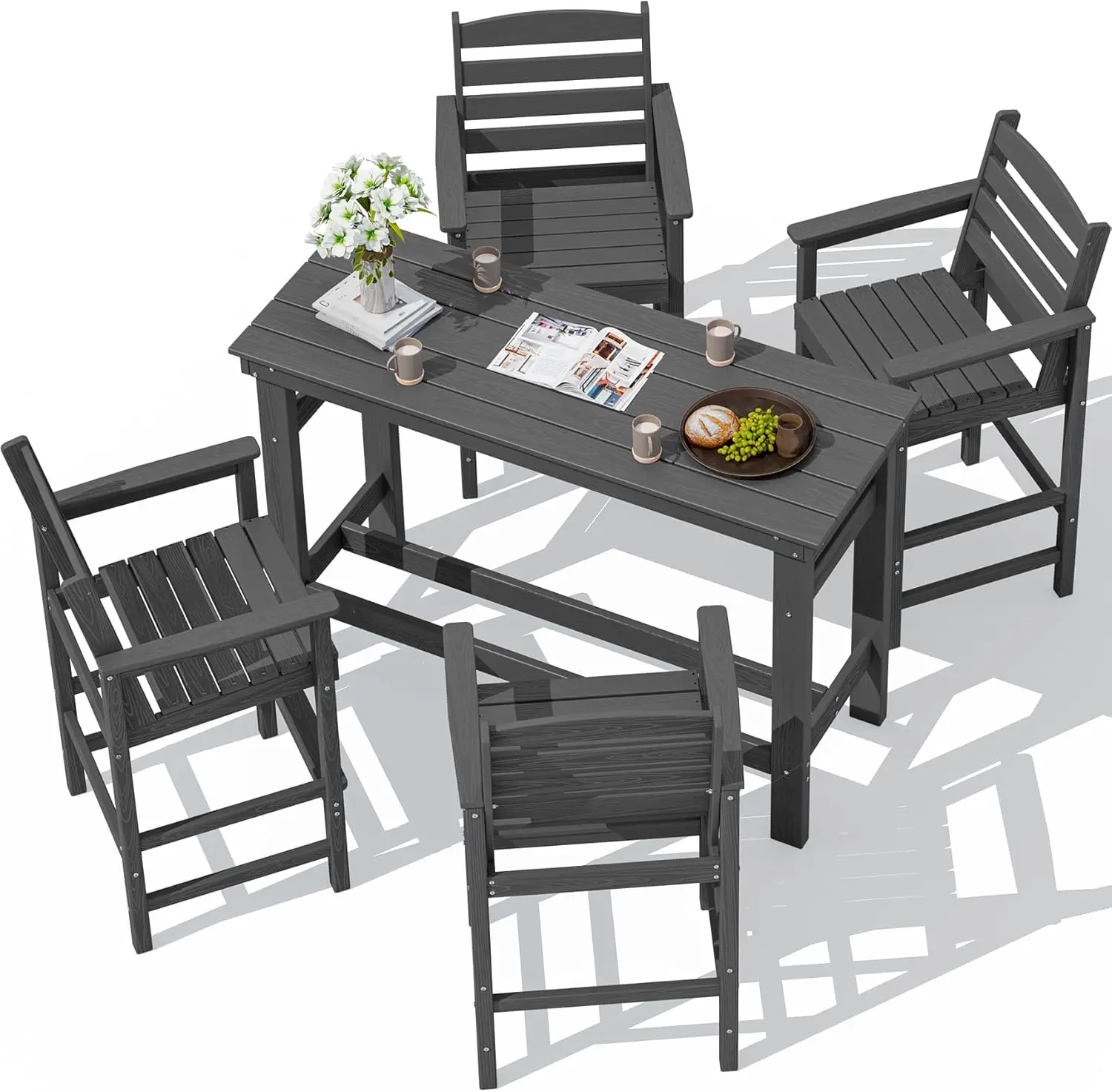 Outdoor Bar Set - 4 Adirondack Bar Chairs & Bar Height Table with 1.6' Umbrella Hole, All-Weather