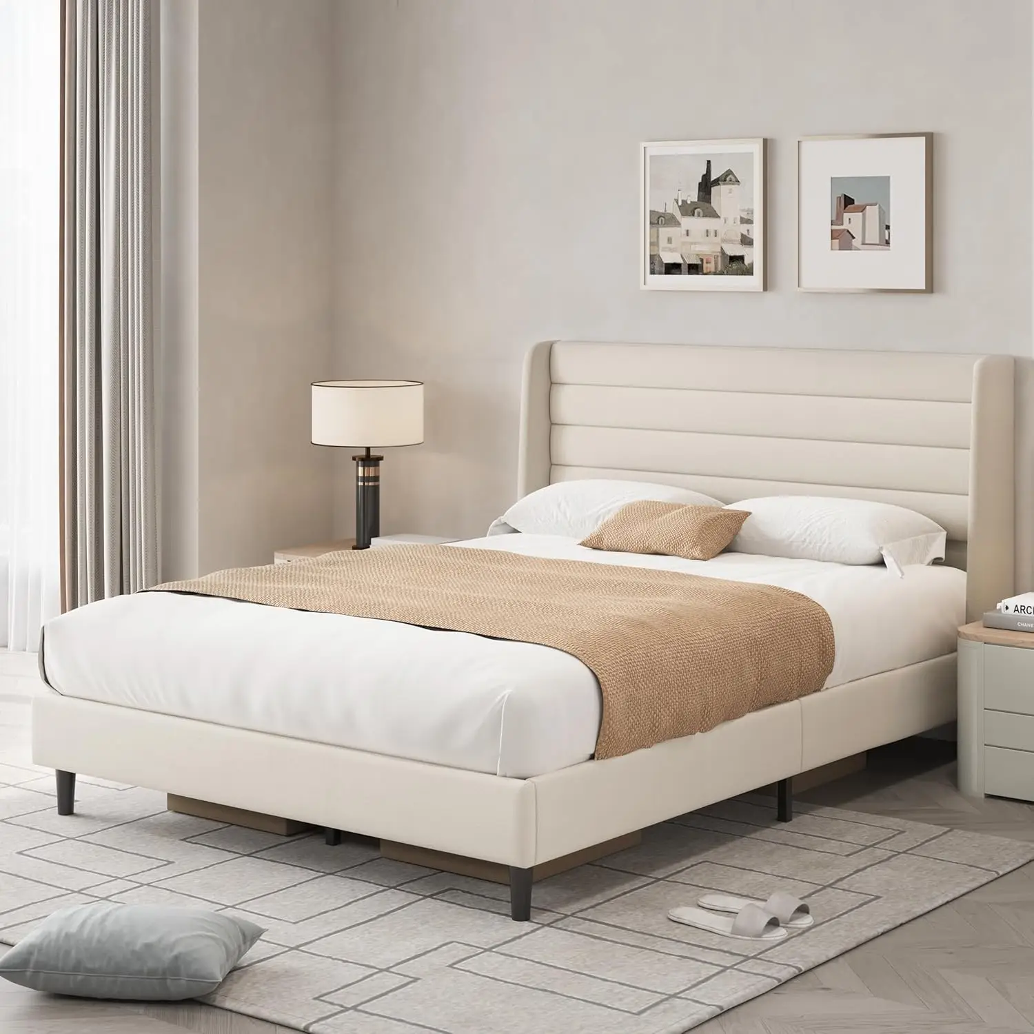 

Кровать-платформа с обивкой из вельвета и деревянными ламелями, без пружинного блока, простая сборка, светло-бежевый, на заказ