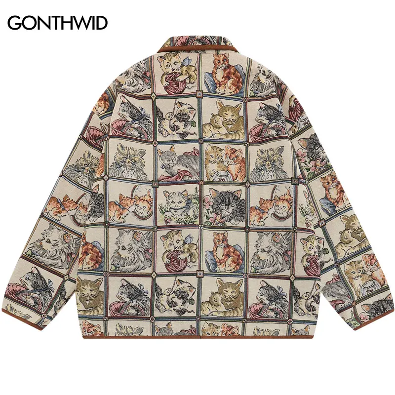 Vintage Shirt Jacket Y2K Hip Hop Retro Cartoon Cat Graphic Knitted Shirts Coats Streetwear 2023 Harajuku Fashion Loose Jackets
