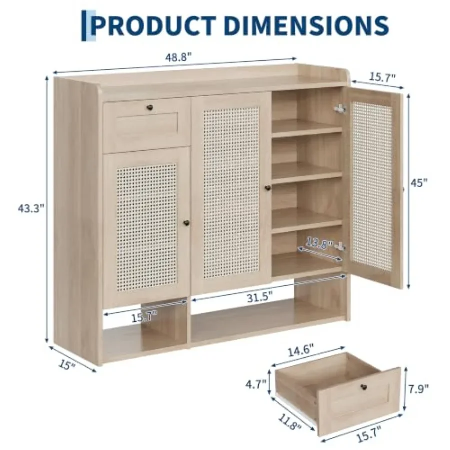 Rattan Shoe Cabinet with Drawer, 3 Doors and 5-Tier Storage for Entryway Natural Woven Texture, Beige Tone, Space-Saving Ventil