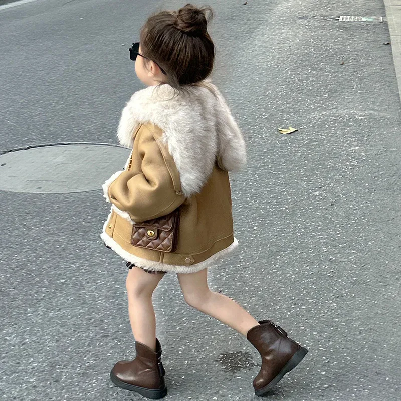 

Girl Coat Girl Winter Coat All Wool One Fur Coat Girls Motorcycle Coat Children Autumn and Winter Big Fox Fur Collar Girl Jacket