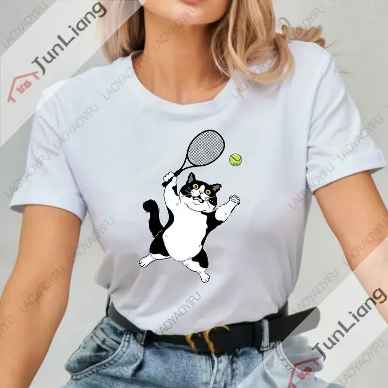Kawaii amusant badminton chat mignon chaton joueur de badminton imprimé T-shirt Fitness neutre vêtements Camisas vêtements