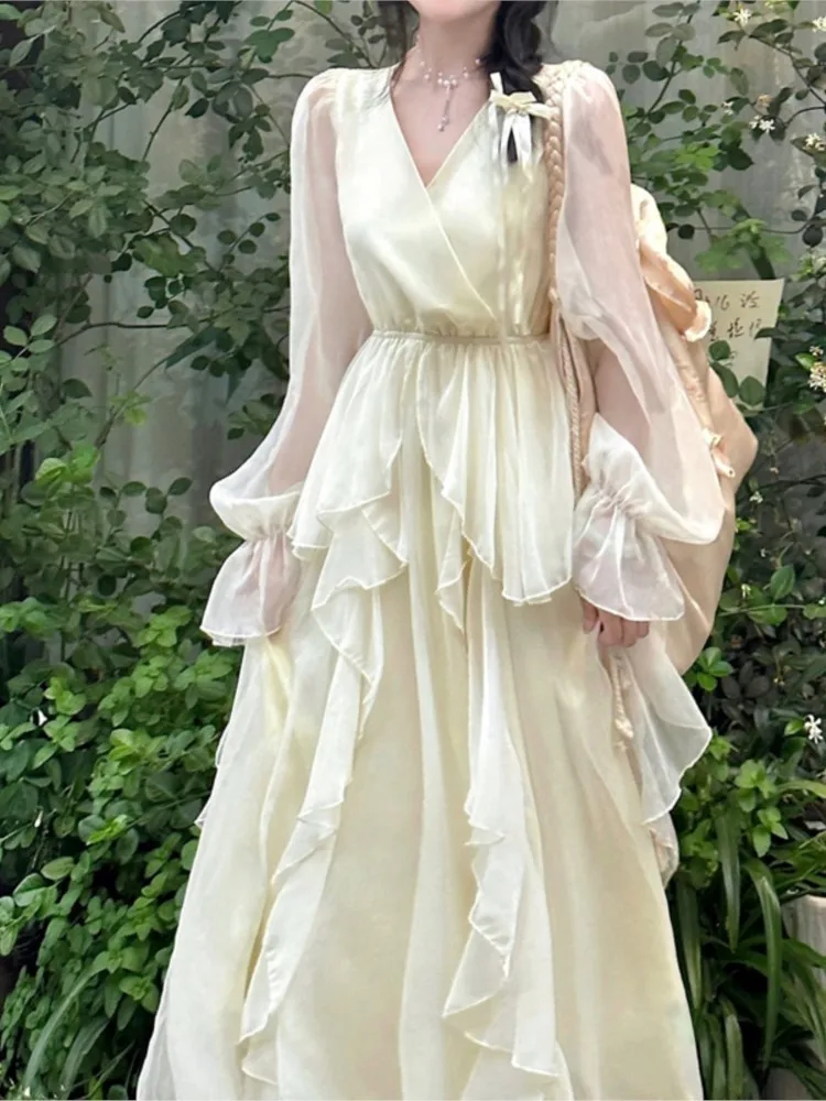 2024 Summer New Fashion Elegant Fairy Dresses for Women Gentle Sweet V-Neck Slim Long Flare Sleeve Flounced Edge Party Dress