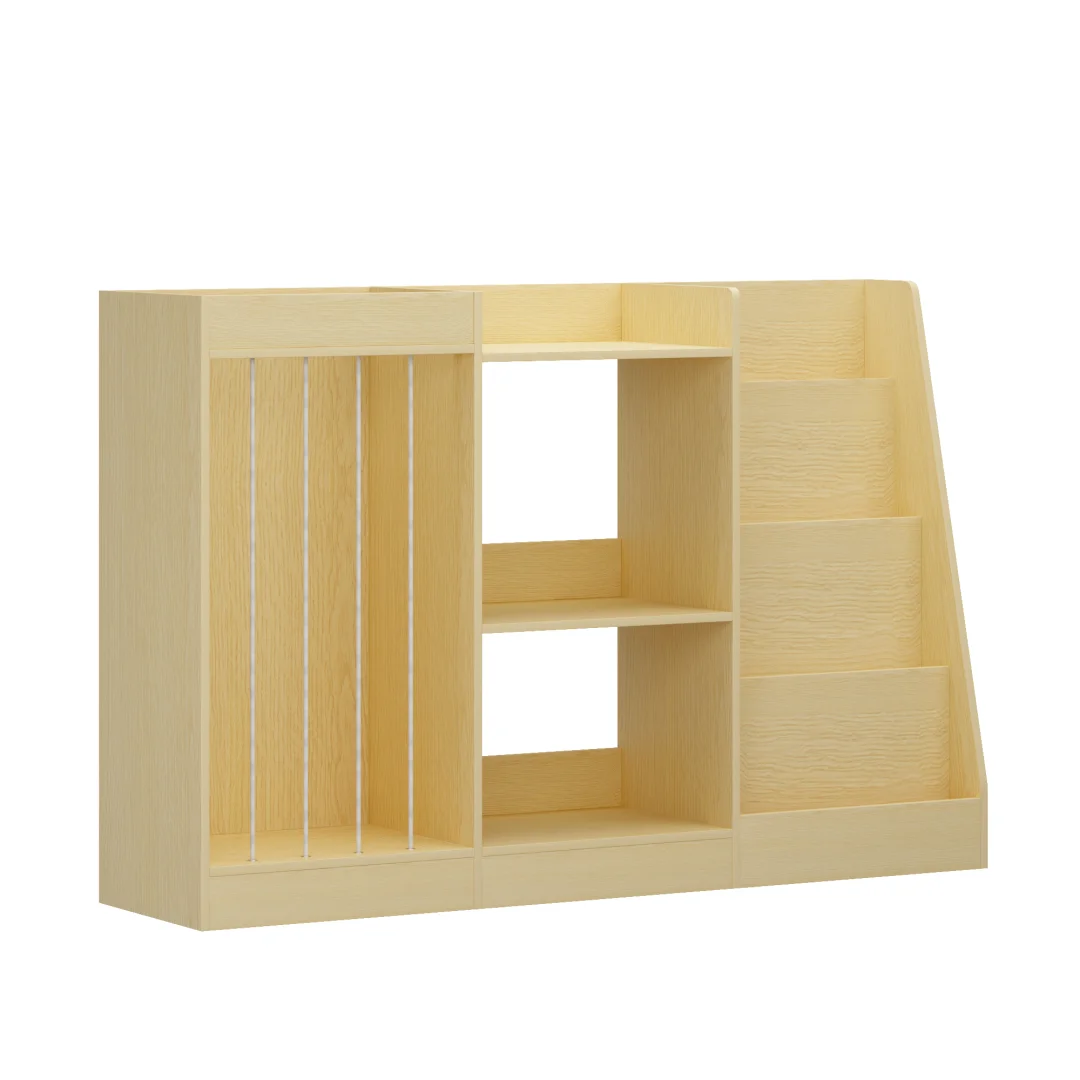 3-in-1 Kids Bookshelf And Toy Storage, Montessori Toddler Bookcase With Stuffed Animal Sling, Natural