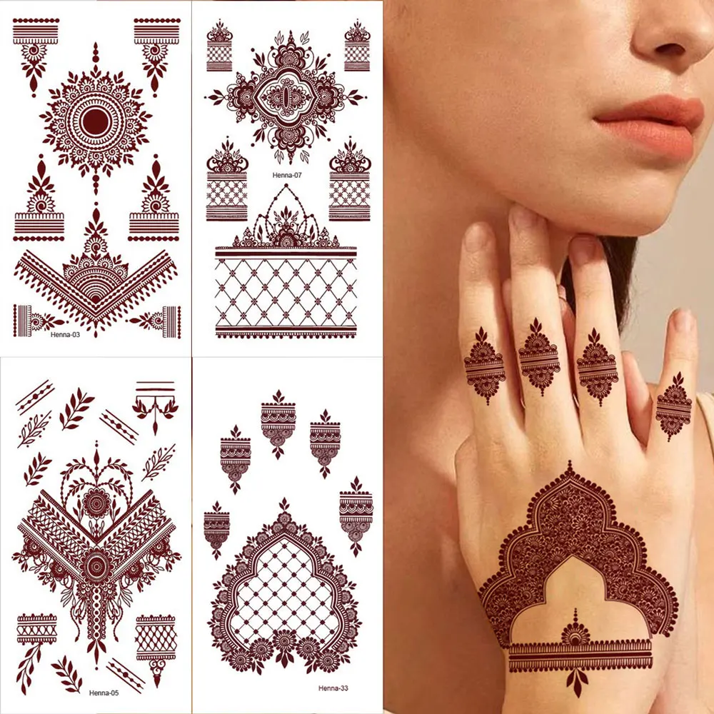 ملصقات وشم حناء بني مقاومة للماء للنساء على شكل زهرة وشم مزيف فوري لليد وشم مؤقت لمهرجان الزفاف
