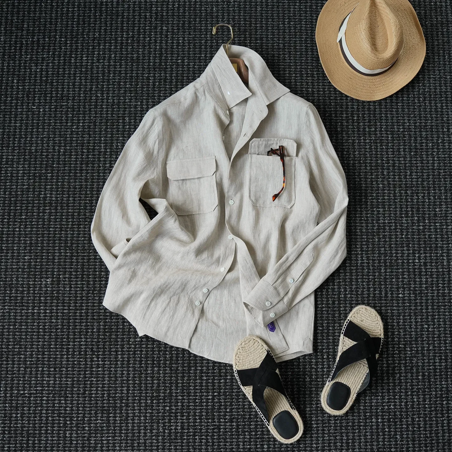 (100% rain and dew linen) haute couture double pocket shirt men's summer upstart old money style shirt trend