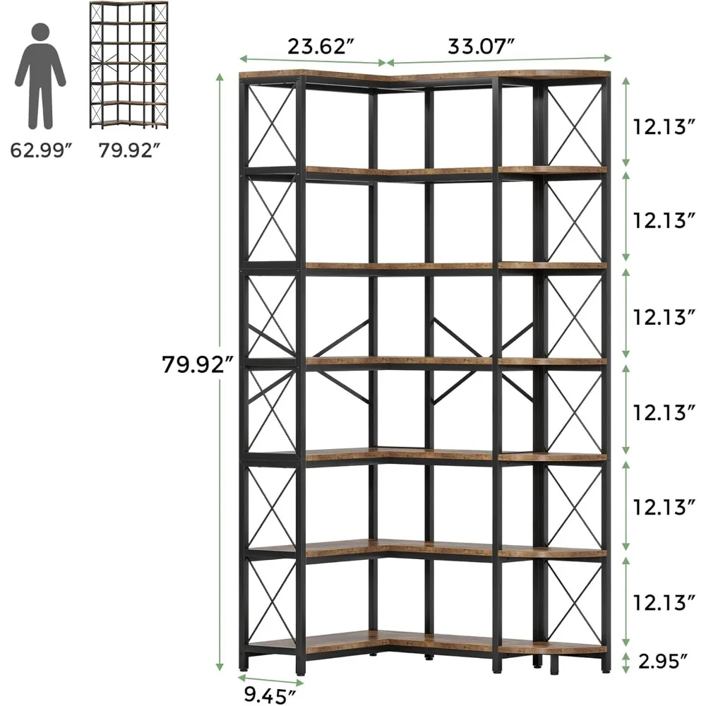 7-Shelf Reversible Corner Bookshelf, Modern Industrial Tall Bookcase, 7-Tier Large L-Shaped Storage Shelf Display Rack with