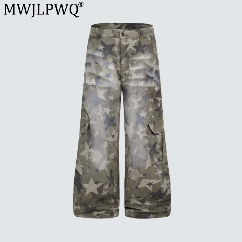 MWJLPWQ American-Style Washed Distressed Work Pants Star Print Multi-Pocket Loose Wide-Leg Casual Jeans For Men Women 20429