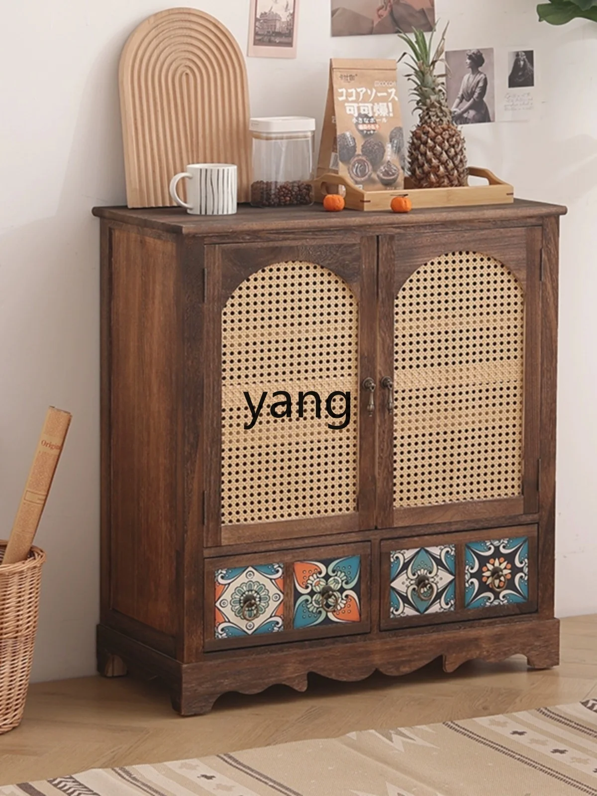 Yjq solid wood multi-functional bucket cabinet porch side meal side door shoe cabinet rattan retro simple storage