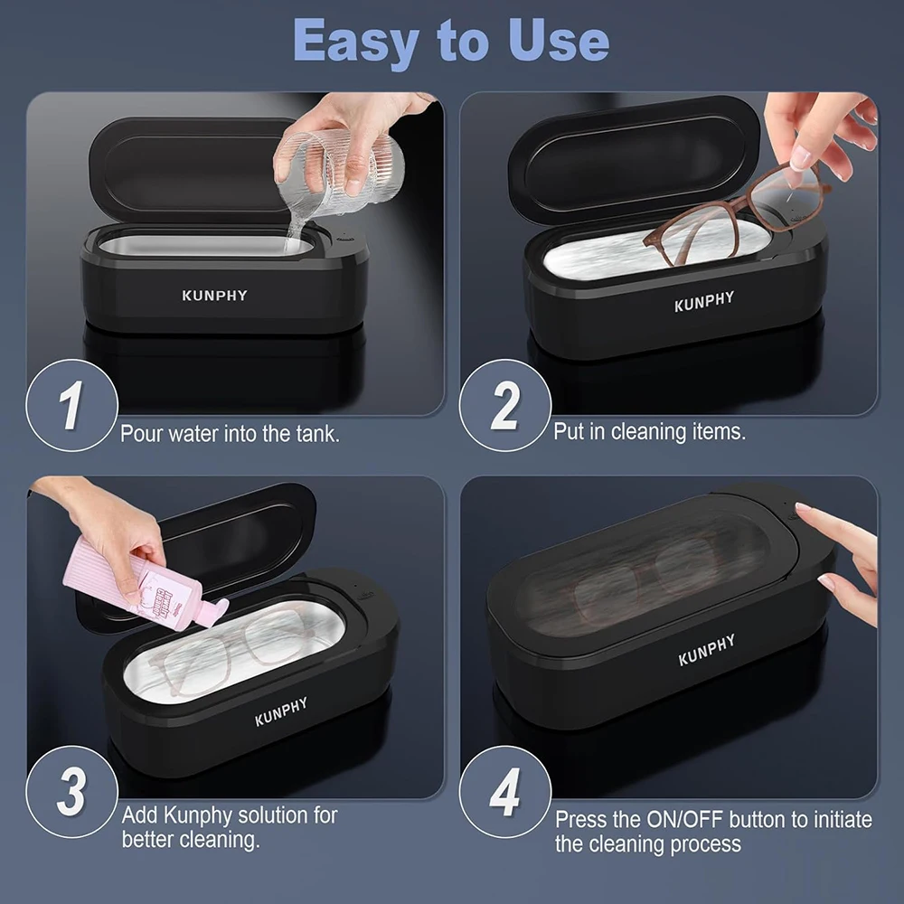 KUNPHY 46kHz Stainless Steel 360° Deep Cleaning Machine 12oz Multi-function Ultrasonic Jewelry Cleaner For Glasses Watches Sonic