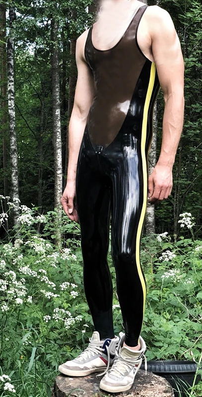 

New Arrival Men Black Transparent-Black Yellow Bodysuits Latex Catsuit Rubber Jumpsuit Sleeveless with Crotch Zip