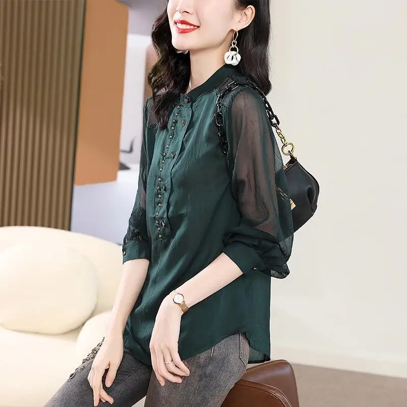 Vintage Solid Color Gauze Patchwork Shirt Stylish Embroidered Flares Button Female Clothing Stand Collar Spring Summer Blouse