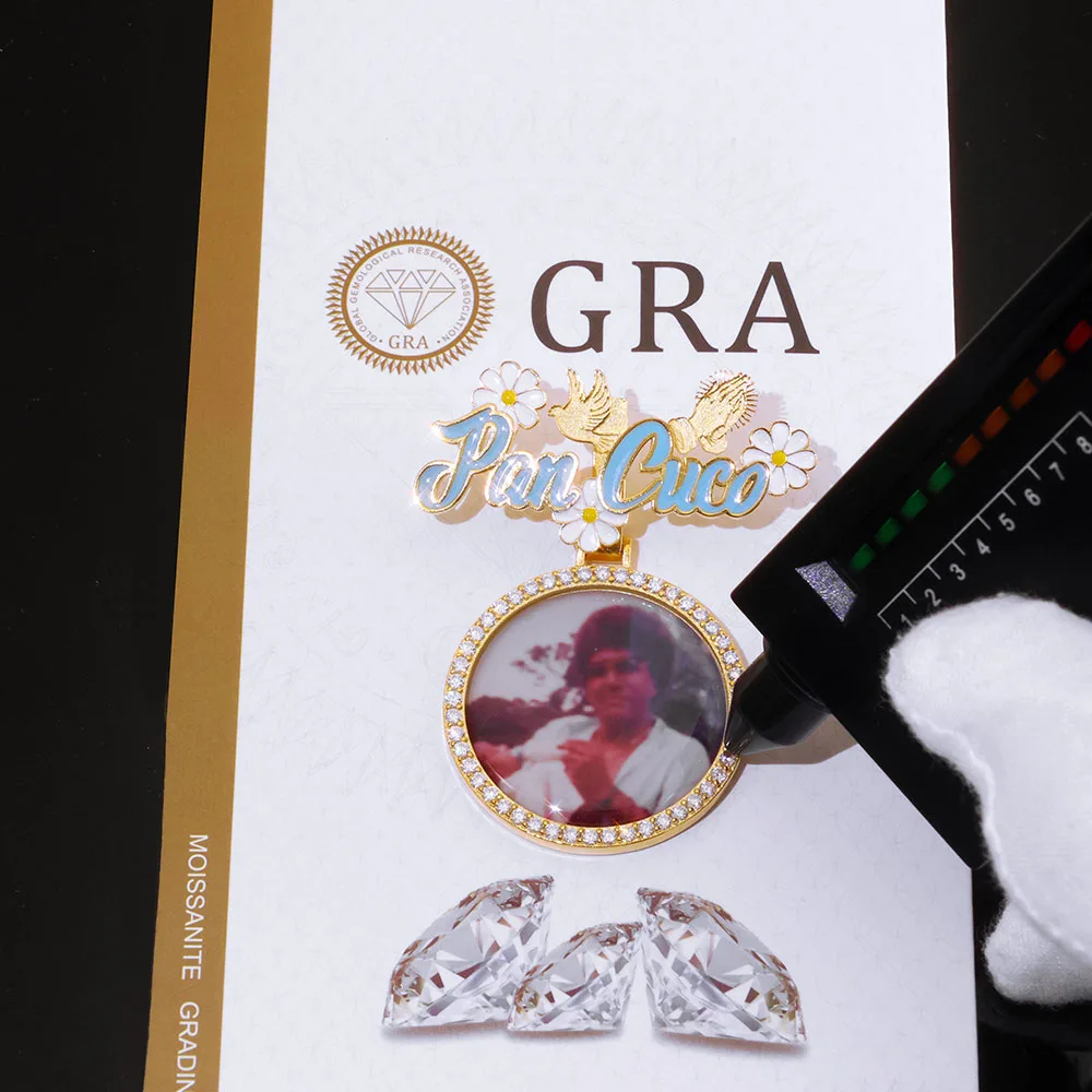 925 VVS 35 مللي متر الرجال النساء الذاكرة مويسانيتي صور قلادة الهيب هوب مجوهرات فضة VVS تخصيص اسم هوك وصورة #2