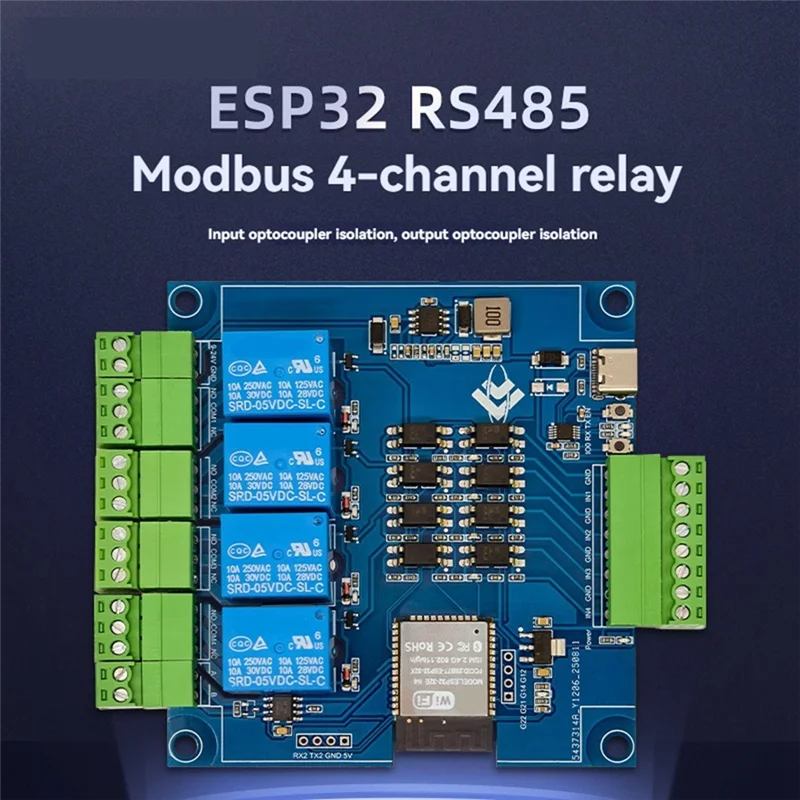 A99E-ESP32 Modbus 4 Channel Relay Module 9-24V TYPE-C With RS485 Communication Interface WIFI Bluetooth Connectivity