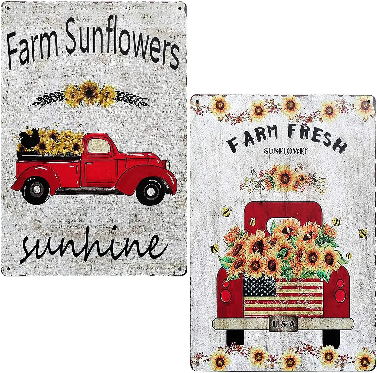 

2Pcs Farm Fresh Sunflower with Red Truck Vintage Tin Bar Sign Farmhouse Kitchen Wall Country Home Decor Living Room Decoration