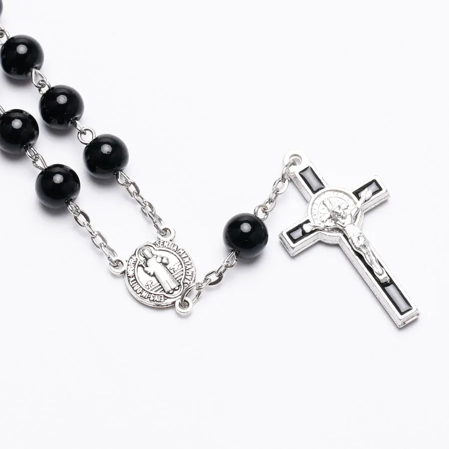 8MM Black Rosary Bracelet For Men Vintage Cross Charm Prayer Glass Beads Chain Bangle Women Christening Party Religious Jewelry