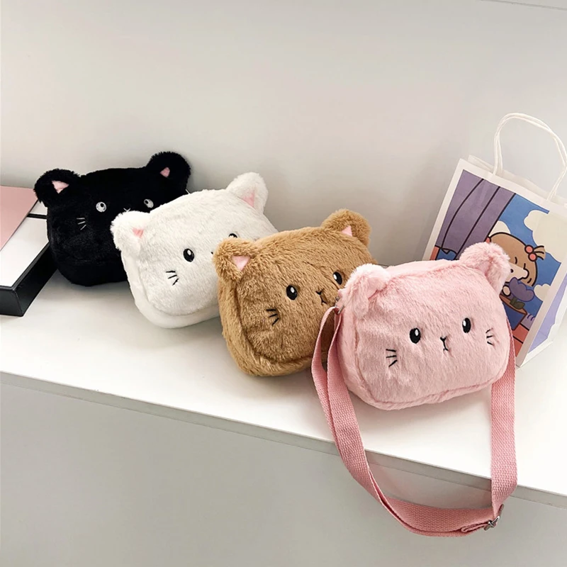 Cartoon Cat Baby Girls Crossbody Bags Cute Soft Plush Children\'s Shoulder Bag Winter Fashion Kids Furry Handbags Coin Purse