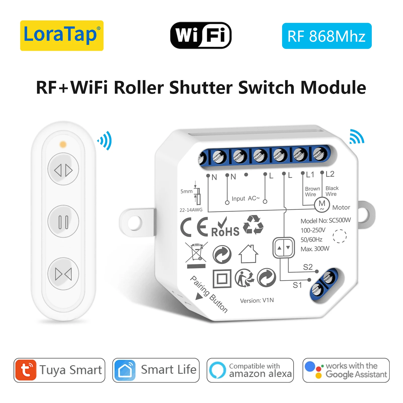 Module de relais pour volets roulants LoraTap Tuya Smart Life, commande à distance, minuterie, commande vocale via Google Home Alexa