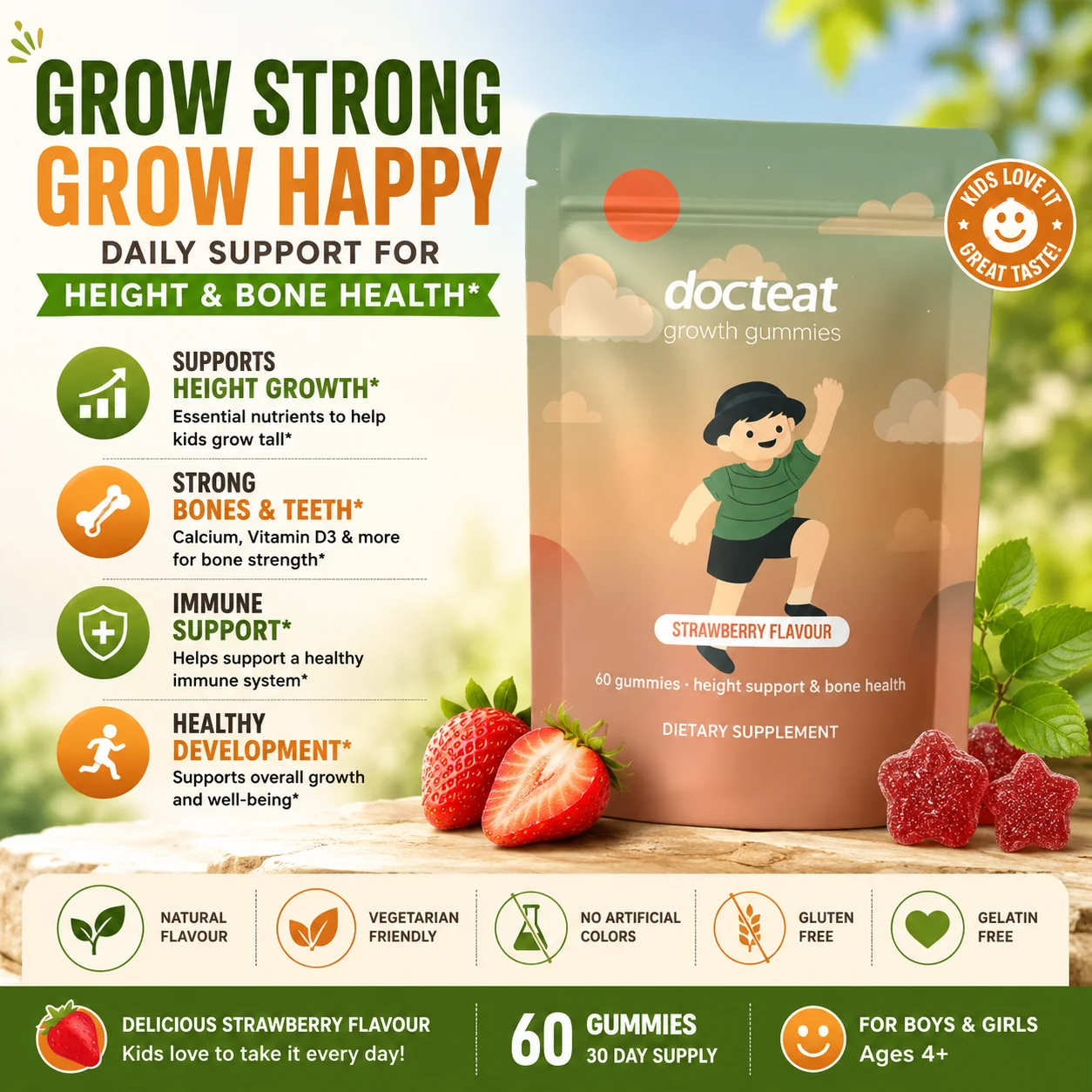

Docteat Growth Gummies for Kids Strawberry Flavor Chewable with Calcium Vitamin D and K 60 Gummies