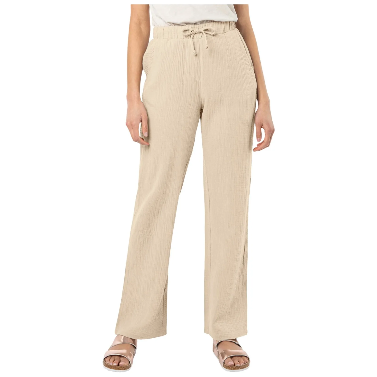 Calça feminina com cordão de perna larga, cintura elástica, calça monocromática, linho de algodão, solta, casual, senhora do escritório, primavera, verão