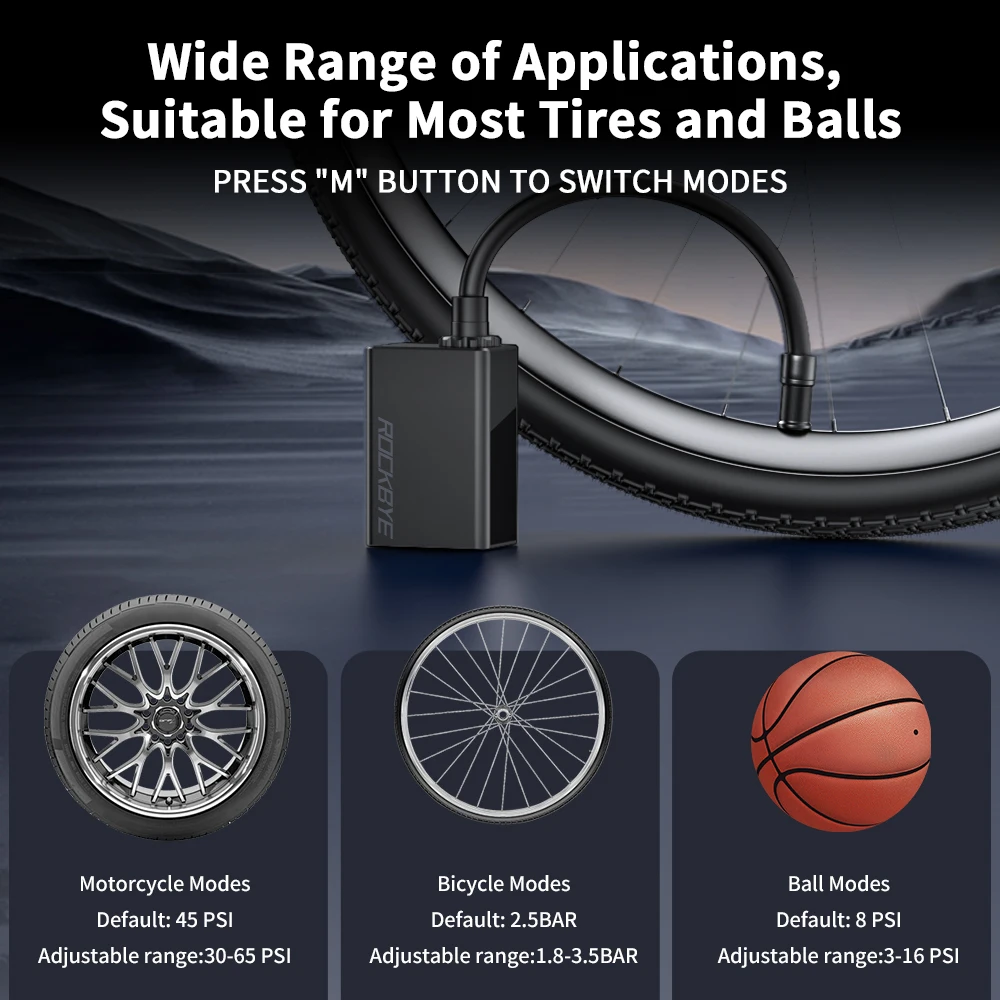Rockbye مضخة دراجة كهربائية صغيرة 120 رطل لكل بوصة مربعة نوع-C قابلة للشحن منفاخ هواء محمول AV FV صمام ملحقات دراجة الطريق الجبلية