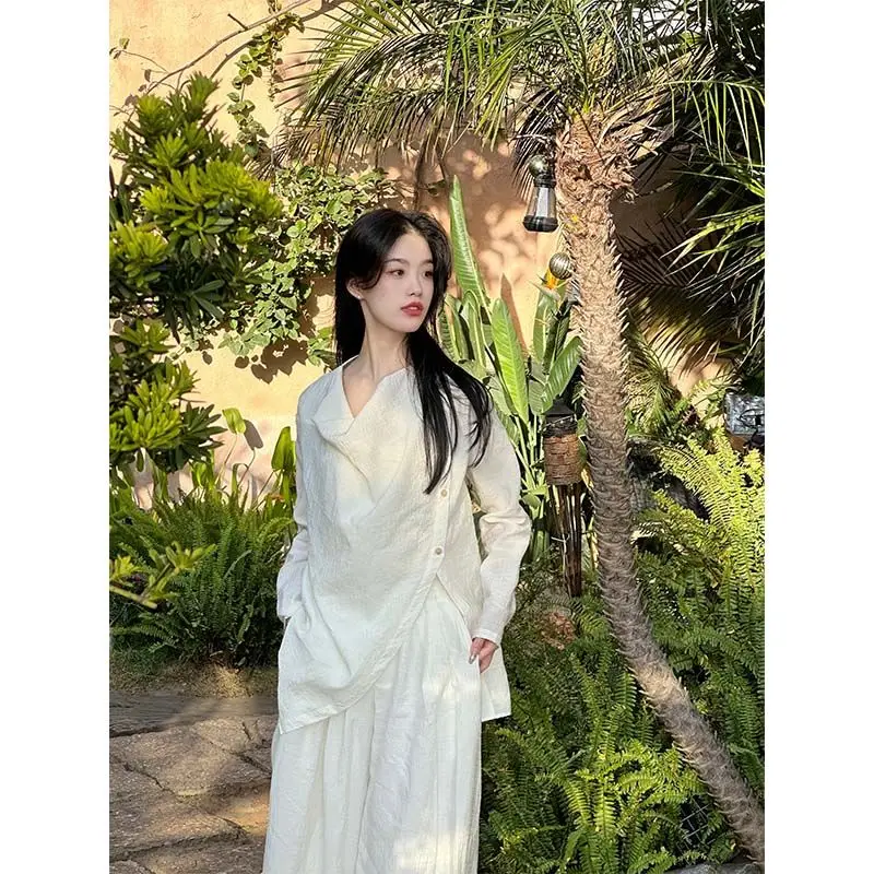 

Transparent Suit Long-Sleeved Top + Wide-Leg Pants Suit Simple Casual Travel And Vacation Outfit