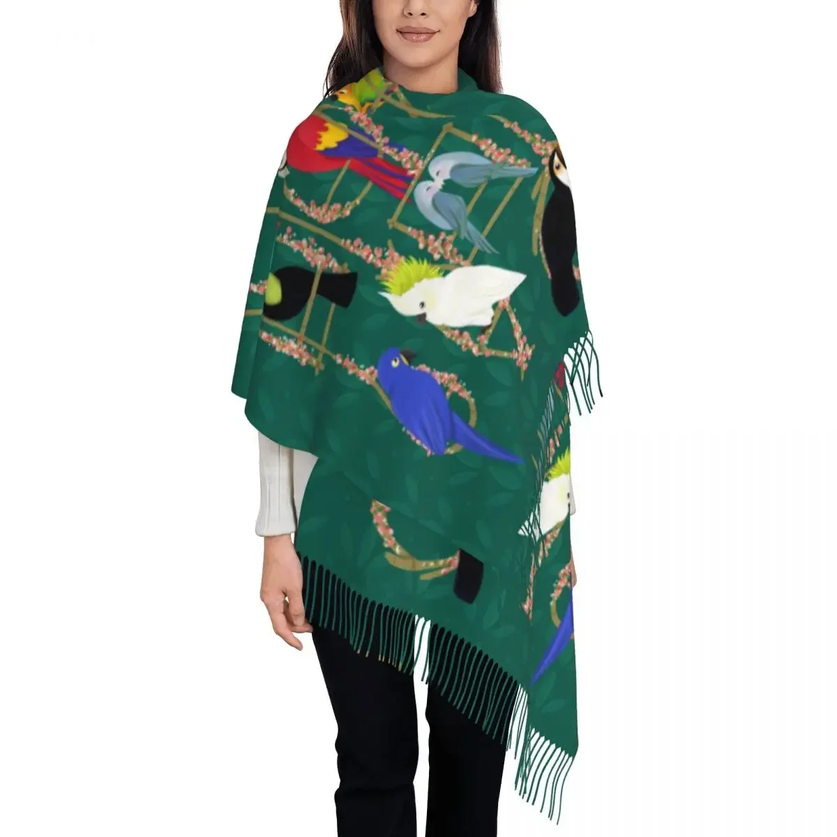 Custom Ladies Large Tropical Getaway Parrot Birds Scarves Women Winter Soft Warm Tassel Shawl Wrap Cockatiel Budgie Toucan Scarf