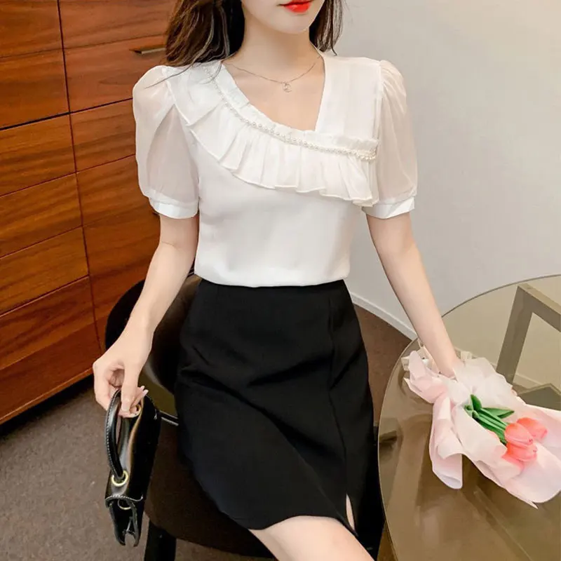 Women Clothes Summer Simplicity Solid Color Patchwork Short Sleeve Shirts Women's Fashion Elegant Temperament Casual Tops