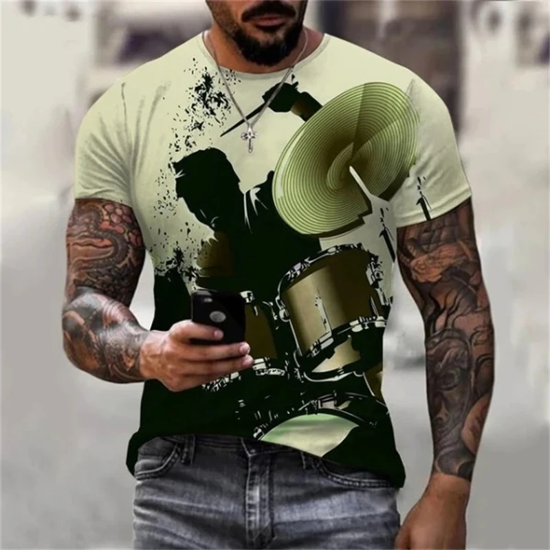 New Fashion Men T Shirt Jazz Music Drum Set Graphic 3D Printed T Shirt Tops Funny DJ Rock Short Sleeve Crew Neck Women Kids Tee