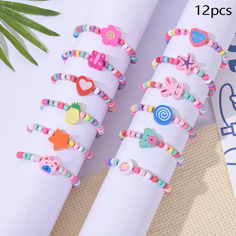 Pulsera de colores con cuentas de madera de dibujos animados para niños y niñas, recuerdo de fiesta de cumpleaños, regalos para invitados de Baby