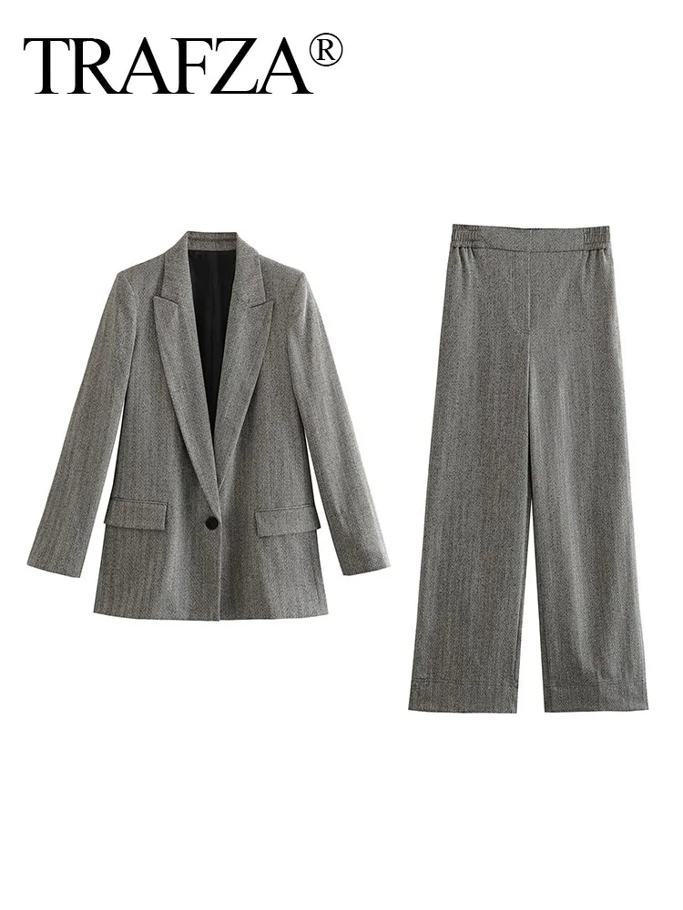 TRAFZA Giacca da donna elegante con bottoni tascabili a maniche lunghe Design Texture Blazer + Tasche laterali in vita elastica Pantaloni a gamba larga Set da 2 pezzi