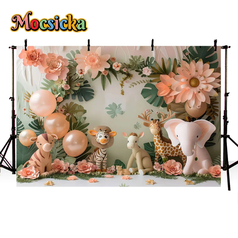 

Mocsicka Birthday Party Photography Backdrop 3D Animal Floral Background Cake Smash Kid Portrait Photo Banner Studio Prop