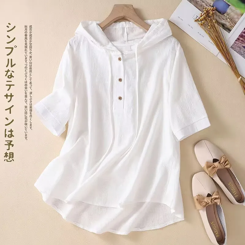 Womens Cotton And Linen T-shirt Jacquard Hooded Top Summer