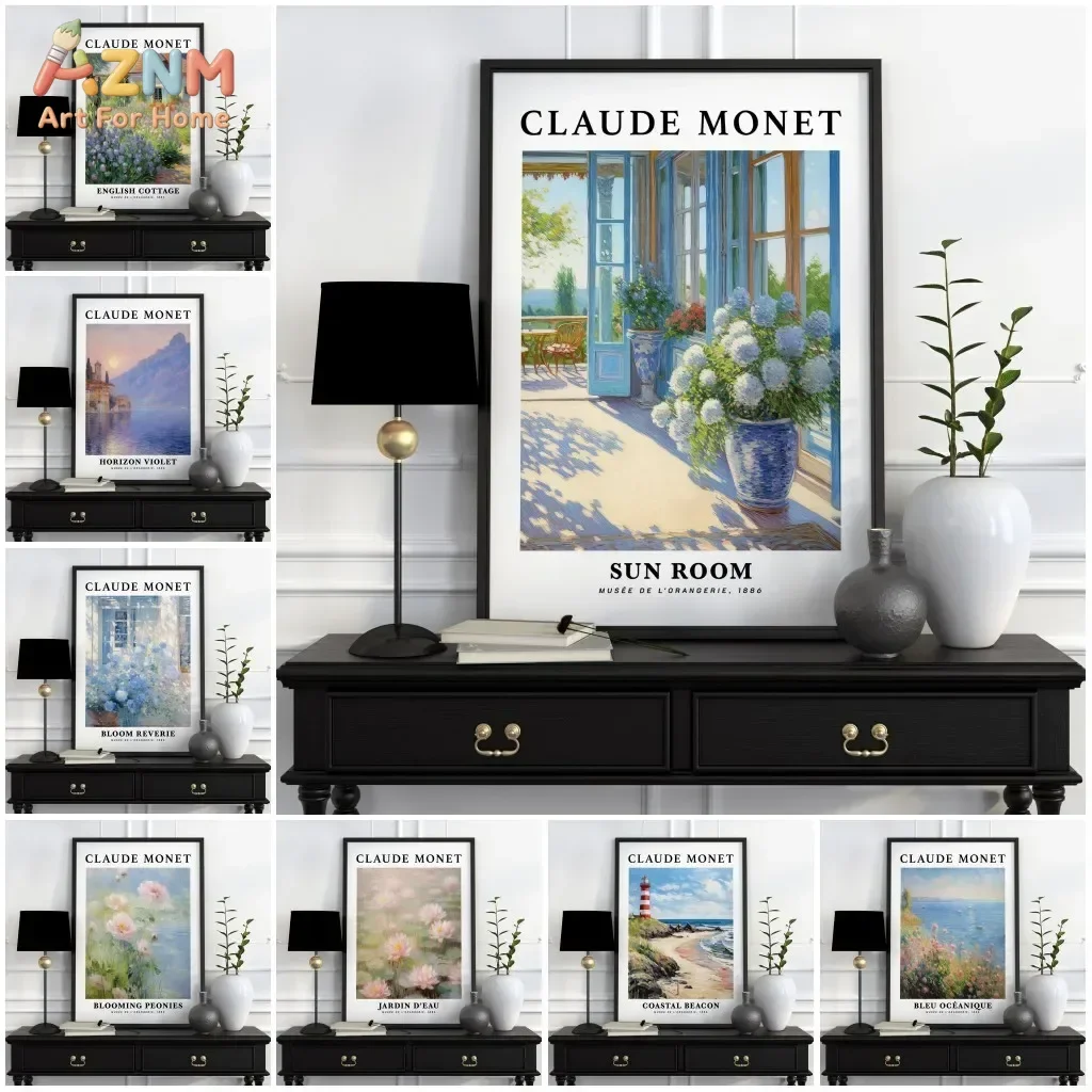 AZNM Frameless Canvas Wall Art, Claude Monet Impressionist Hydrangea Cottage Lake Beach Lighthouse Print, Vintage Museum Art Exh