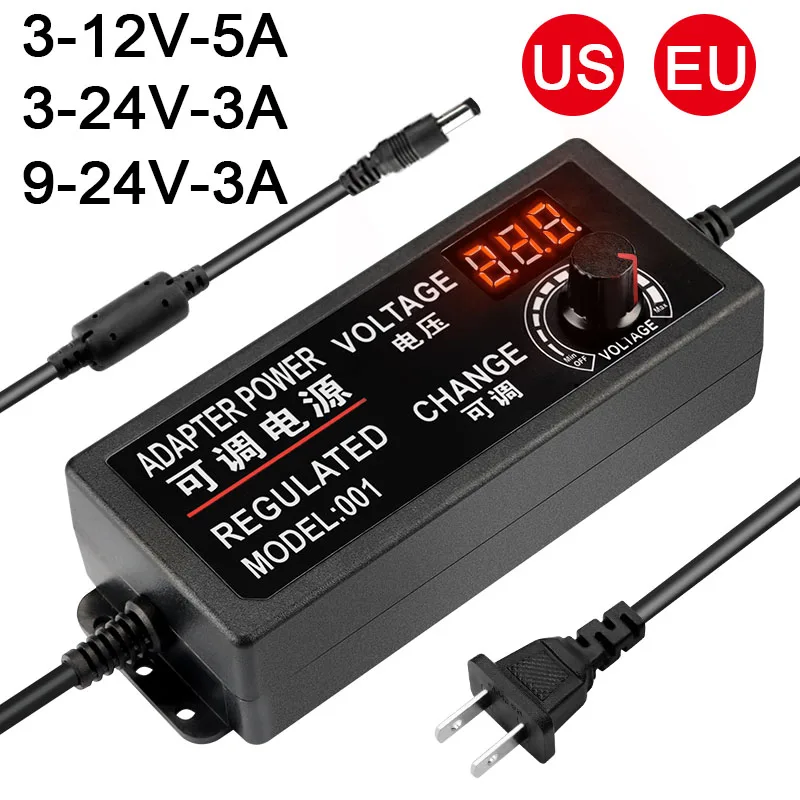Adapter Adjustable 3-12V 3-24V 9-24V 12-24V 3A 5A Power Supply Display Screen Regulated Knob Dc 5.5*2.5mm Input Us EU 100-240VAC