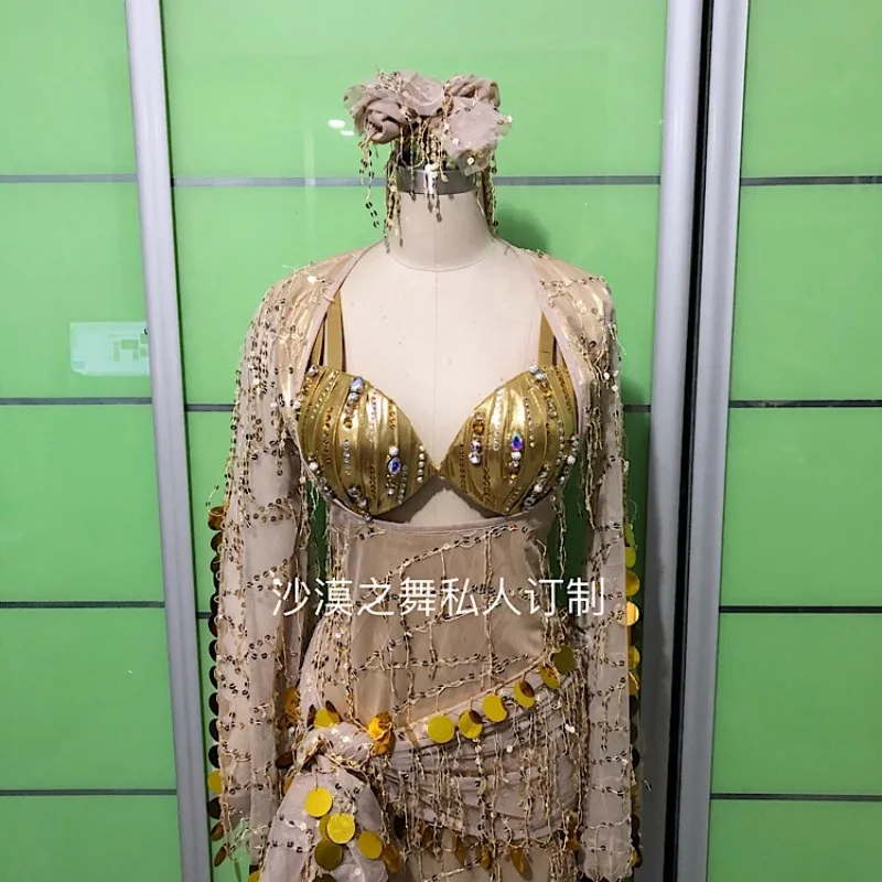 

Customized Belly Dance Costumes Sequins Tassel Baladi Robe Set Performance Costume Belly Dancing Bra Exotic Dancewear
