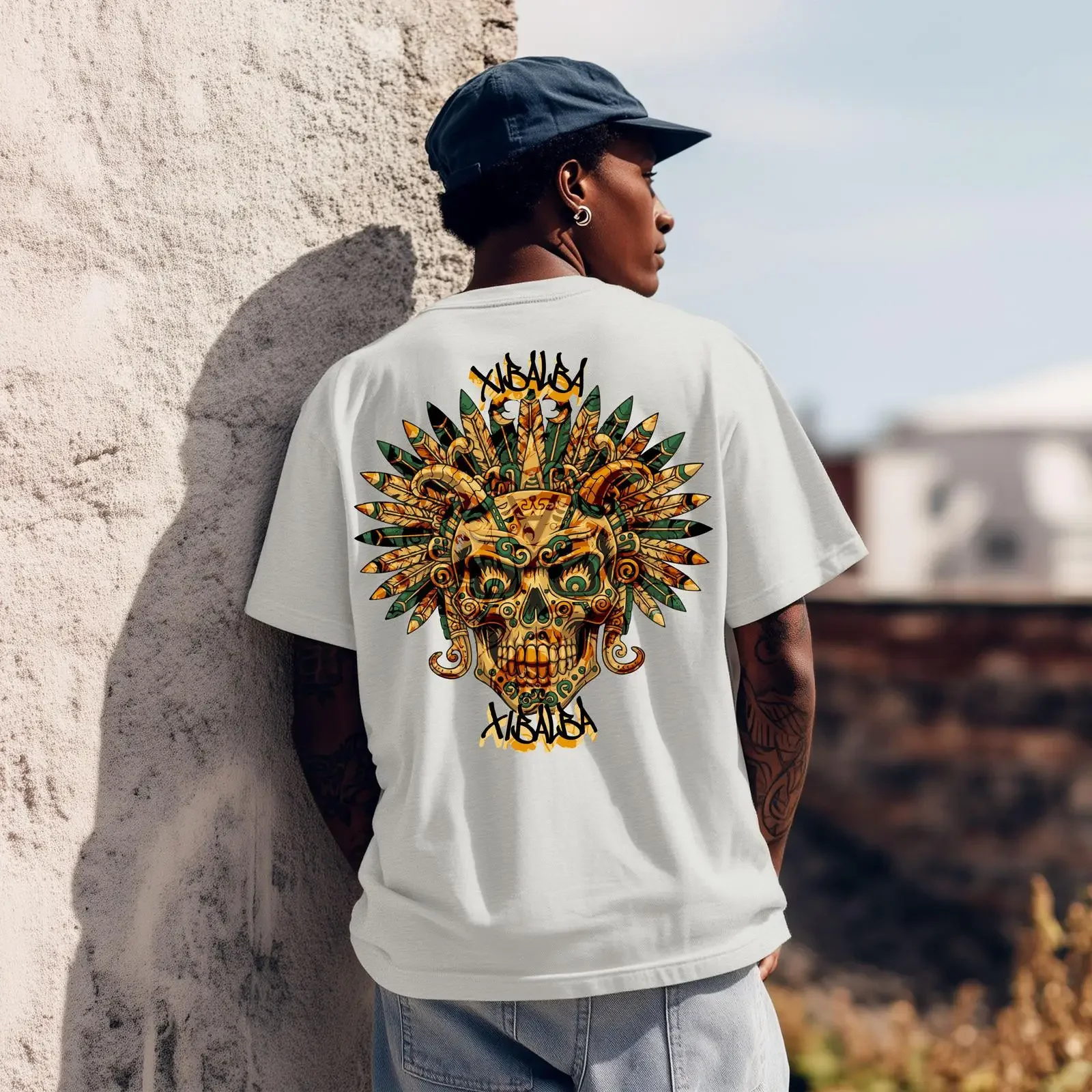 Xibalba Aztec Skull Headdress T Shirt Mayan Inca Tribal God Design vintage Washed graphic fashion Top For Everyday Wear Casual