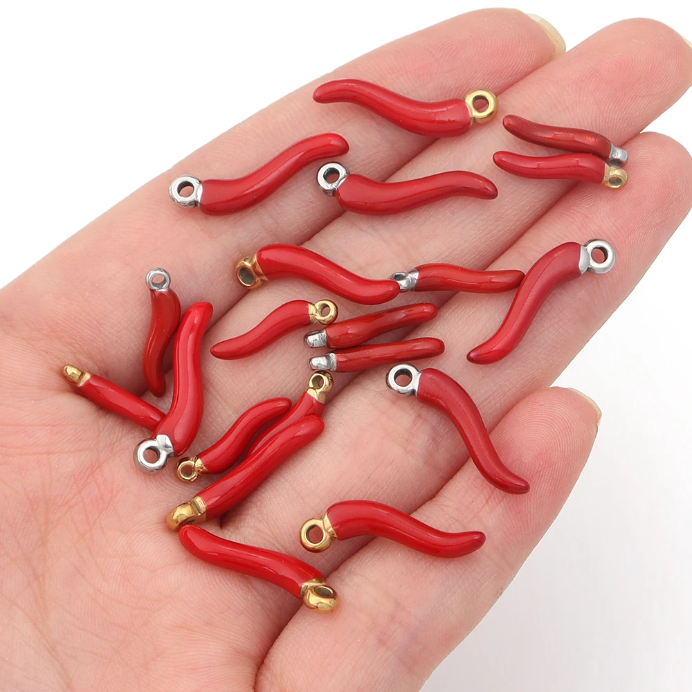4pcs/lot Stainless Steel Red Small Red Chili Beads Pepper Charms Cute Pendants For DIY Crafts Key Chains Making Accessoies